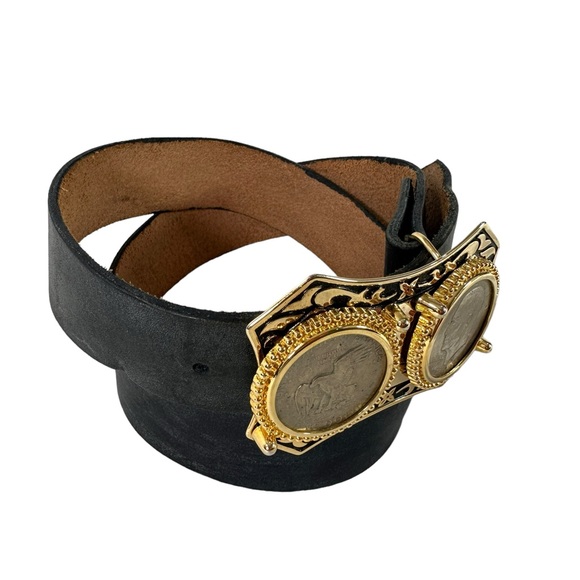 Vintage Eisenhower one dollar double buckle black leather belt  size 36 - Picture 2 of 10